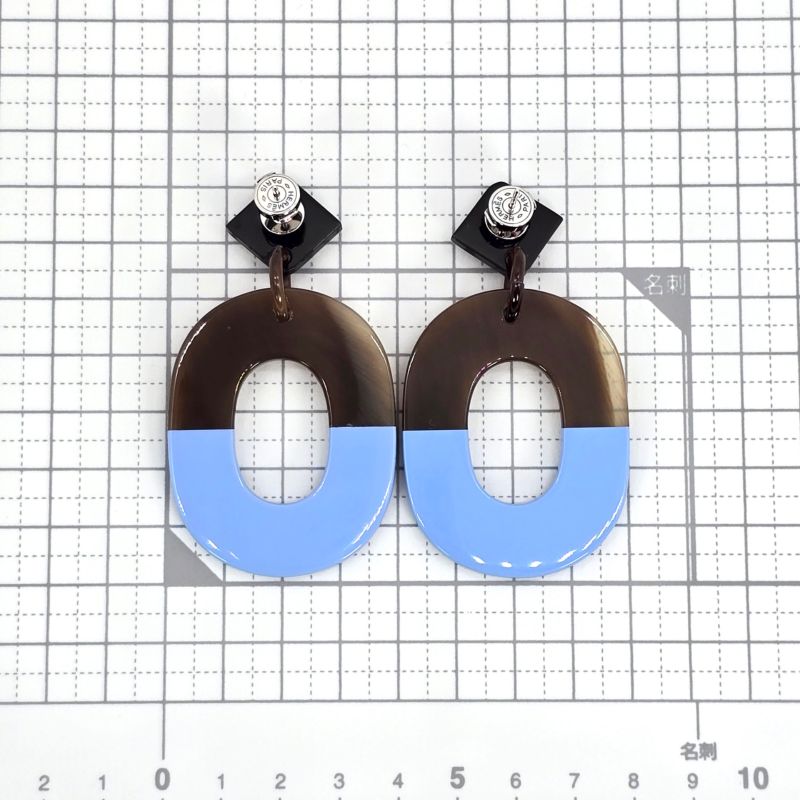 Hermes Earrings Ism Binaural Buffalo Horn Lacquer Brownish/blue Color Silver