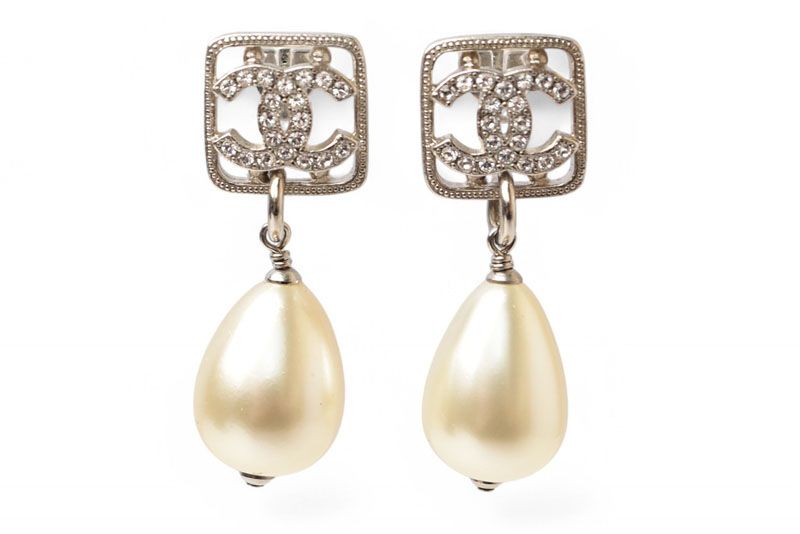 Chanel Earrings Chanel CC Motif Coco Mark Rhinestone Swing Pearl Silver White