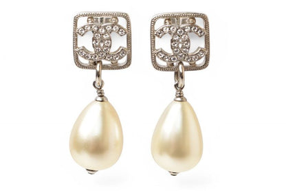 Chanel Earrings Chanel CC Motif Coco Mark Rhinestone Swing Pearl Silver White