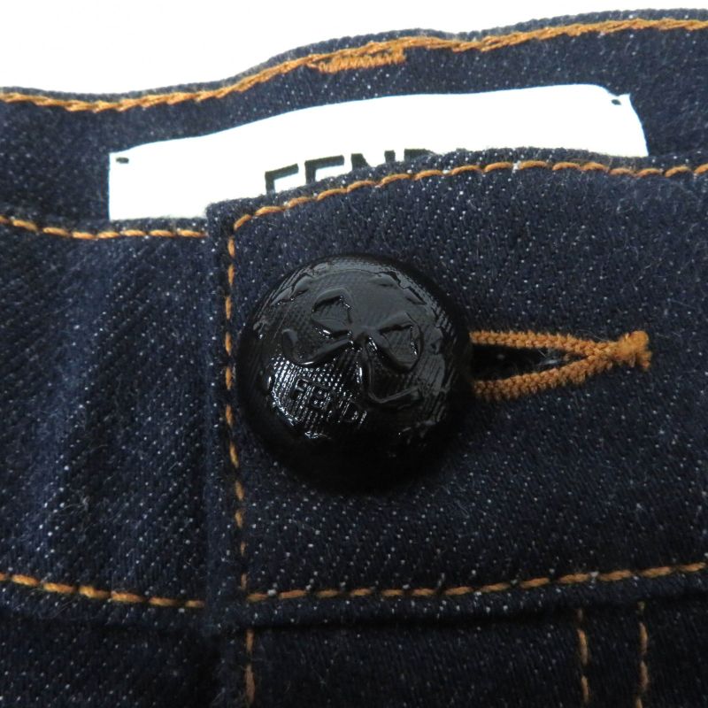 Fendi Flp673 Leather Denim Pants With Logo Patch And Logo Button Bottoms Indigo