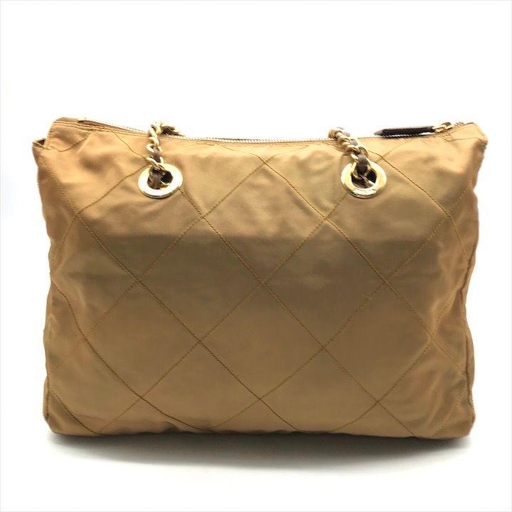 Prada Triangle Logo Nylon Tessuto Chain Tote Camel