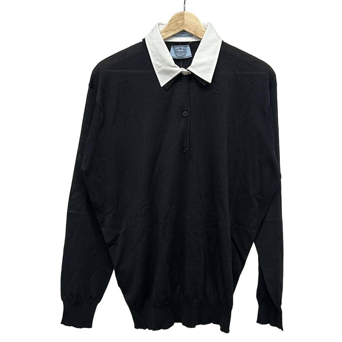 Prada Long Sleeve Polo Shirt 46 S Black White Detachable Collar