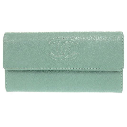 Chanel Coco Mark Caviar Leather Silver Hardware Mint Green Long Wallet 0330