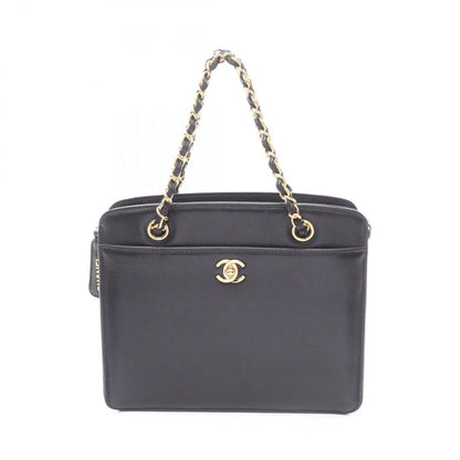 Chanel Handbag CC Logo Black Leather Turnlock Chain