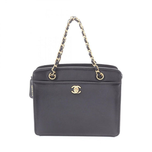 Chanel Handbag CC Logo Black Leather Turnlock Chain