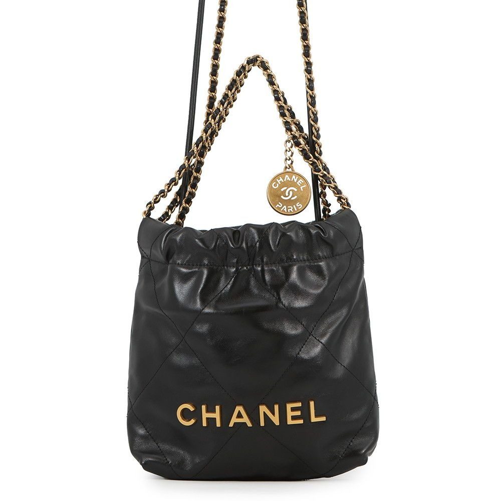 Chanel Handbag 22 Mini CC Logo Shiny Calf Leather 2-Way Black