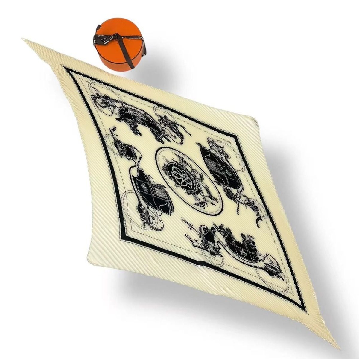Hermes Scarf Pleats Ex Libris Silk White