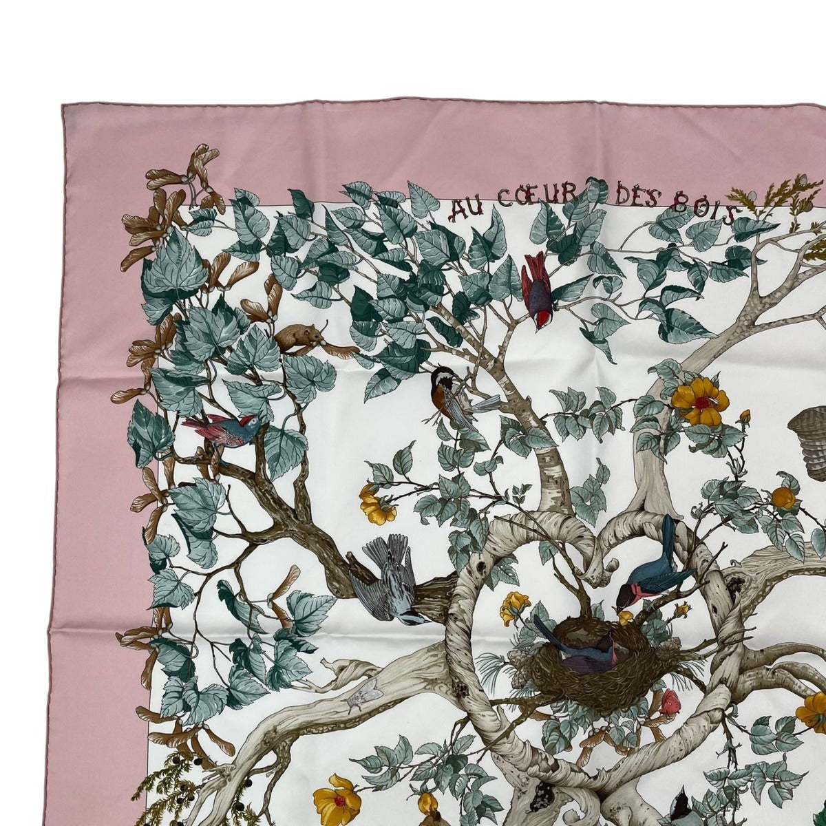 Hermes Carre 90 Scarf AU Coeur Des Bois in the Forest 100% Silk Pink Box — view 3