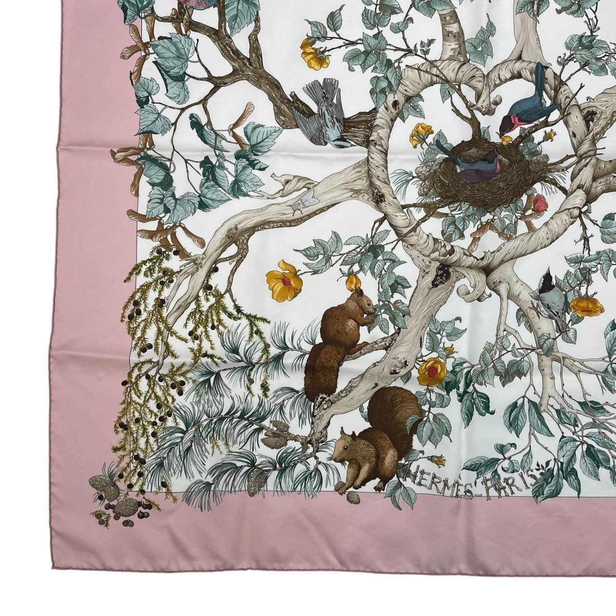 Hermes Carre 90 Scarf AU Coeur Des Bois in the Forest 100% Silk Pink Box — view 5