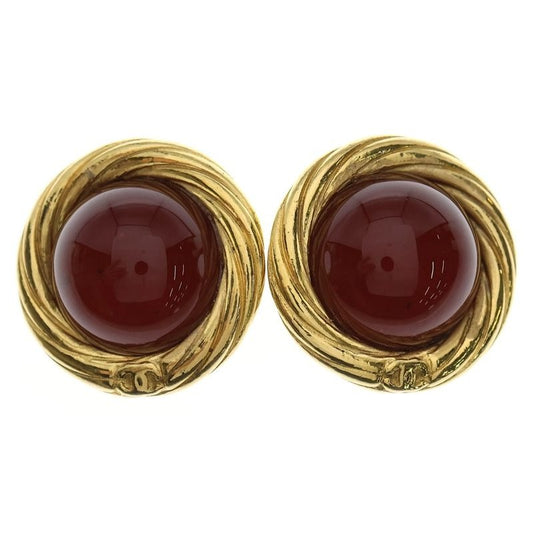 Chanel Vintage Gripoix Coco Mark Colored Stone GP Earrings Gold Red