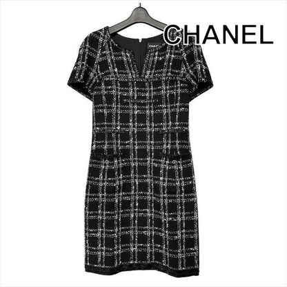 Chanel CC Logo Button Tweed Dress Black 38