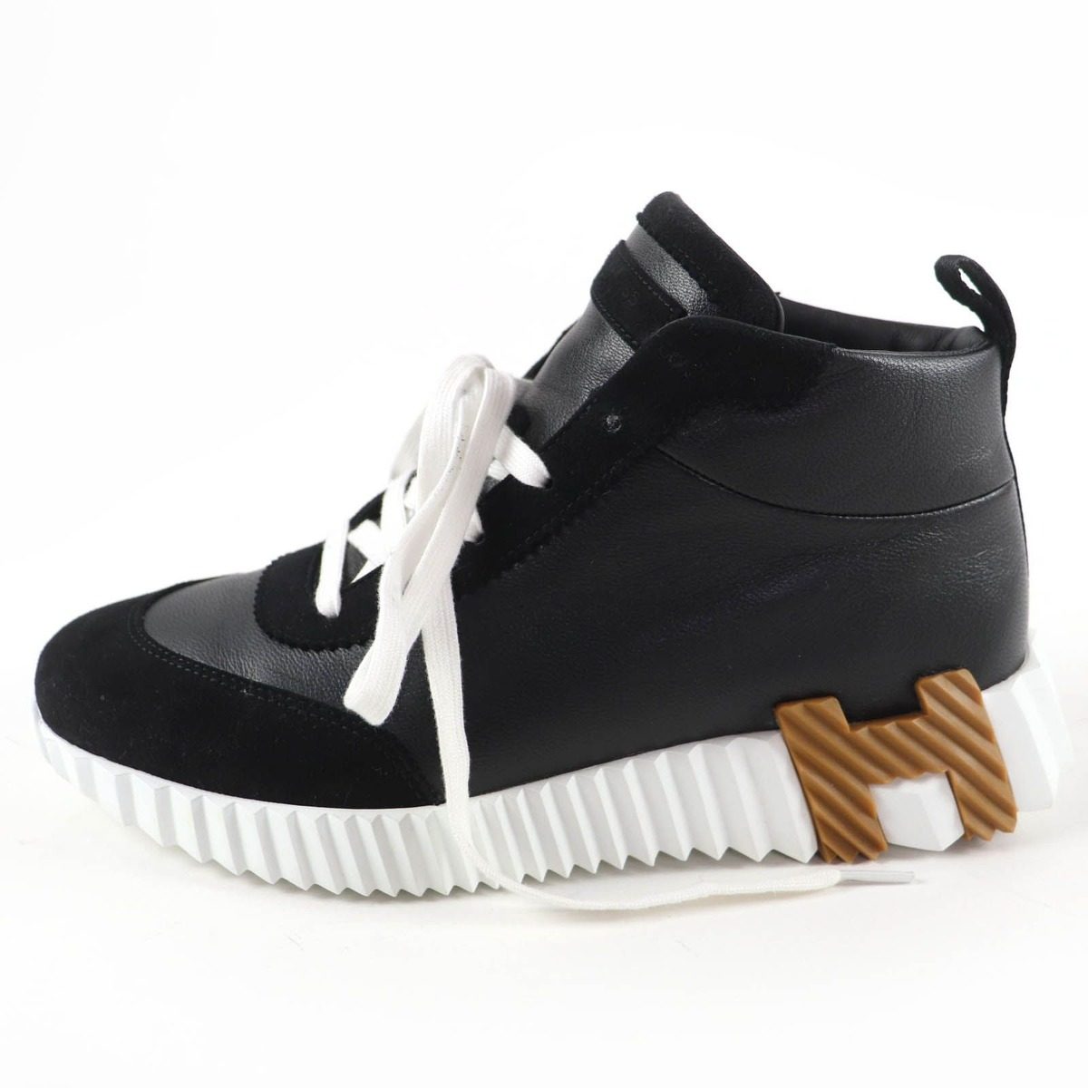 Hermes Hip Hop H Logo Lace Up Leather High Cut Sneakers Black 37 — view 4