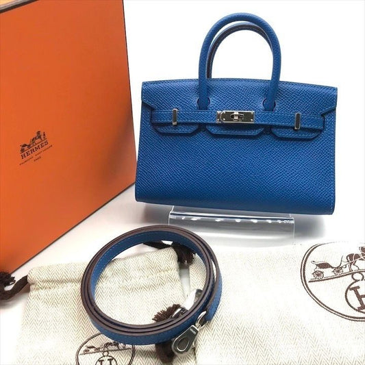 Hermes Tiny Birkin Epsom Mykonos Silver 2-Way Hand Shoulder Bag Blue Shikaku