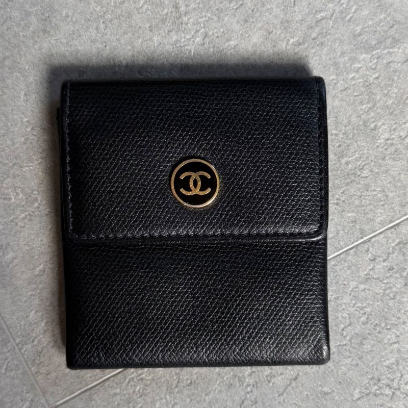 Chanel Coco Button Coco Mark Leather Coin Case Black Gold Hardware Compact