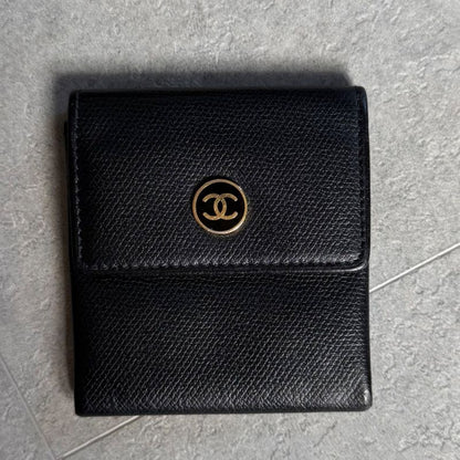 Chanel Coco Button Coco Mark Leather Coin Case Black Gold Hardware Compact