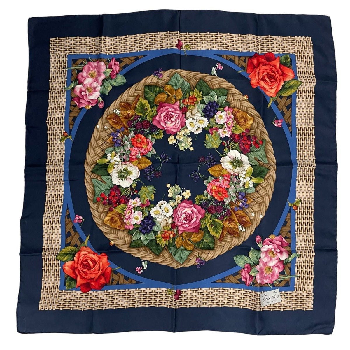 Gucci Scarf Silk Basket Pattern Flower Wreath Floral Rose Navy