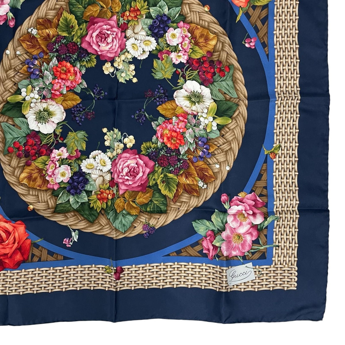 Gucci Scarf Silk Basket Pattern Flower Wreath Floral Rose Navy — view 5