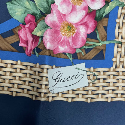 Gucci Scarf Silk Basket Pattern Flower Wreath Floral Rose Navy — view 7