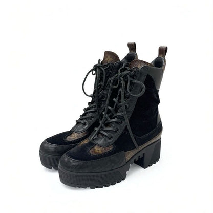 Louis Vuitton Laurie Line Monogram Boots Short Shoes Suede Leather Black