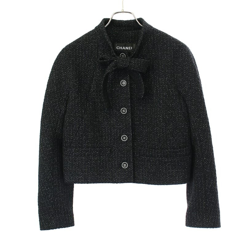 Chanel 24 AW Bow Tie Collar Coco Mark Button Tweed Short Jacket