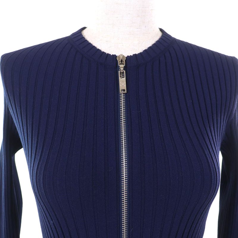 Louis Vuitton Monogram Flower Lace Jacquard Zip Up Knit Switch Dress Navy XS