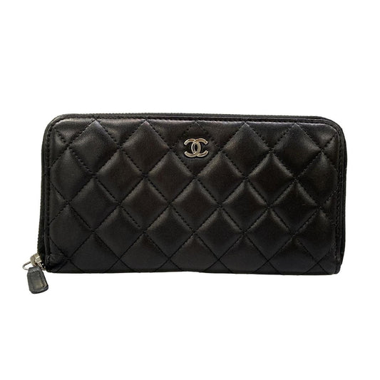 Chanel Wallet Quilted Black Silver Zip Around Lambskin