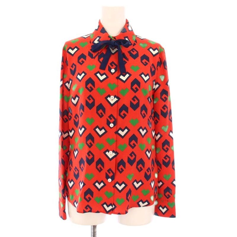 Gucci Printed Tie Neck Silk Blouse Shirt Long Sleeve 36 Red KH