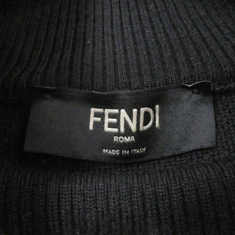 Fendi Fae541 100% Wool Mock Neck Block Collar Logo Print Knit Sweater Blackish