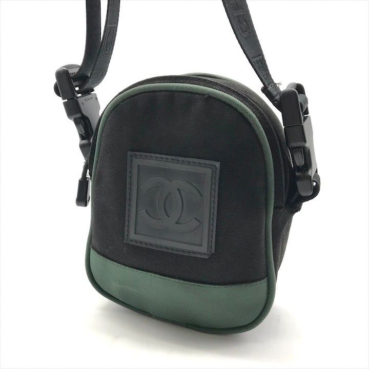 Chanel CC Logo Sports Line Shoulder Bag 2-Way Nylon Canvas Black Green