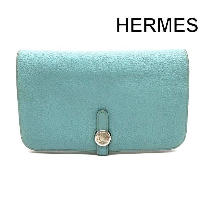 Hermes Dogon GM Duo Wallet Bifold Leather Silver Turquoise Blue