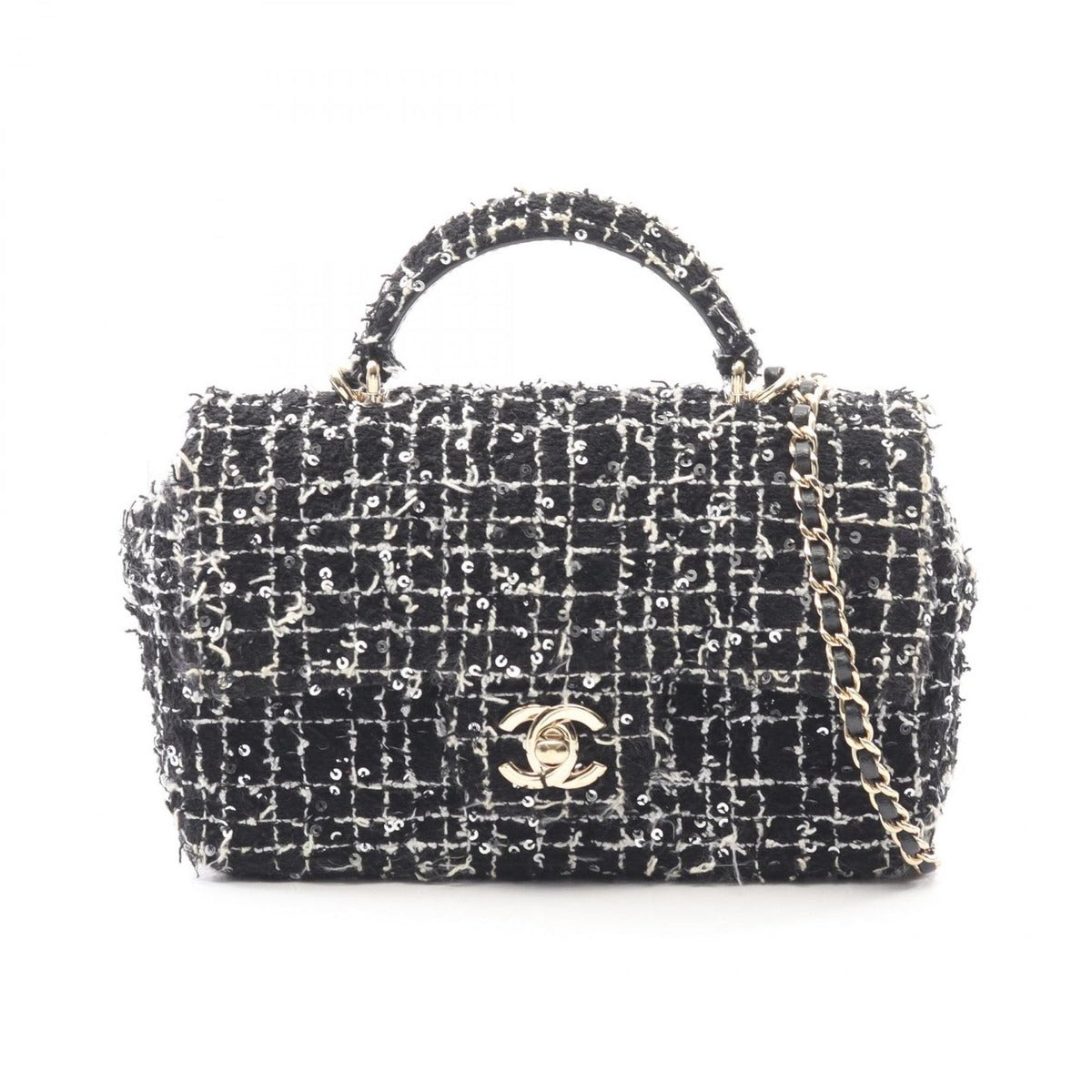 Chanel Shoulder Bag Quilted Top Handle Mini Flap Black White Fabric