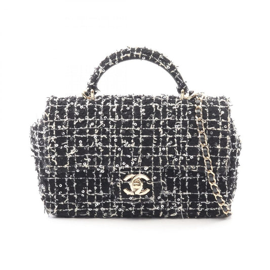 Chanel Shoulder Bag Quilted Top Handle Mini Flap Black White Fabric