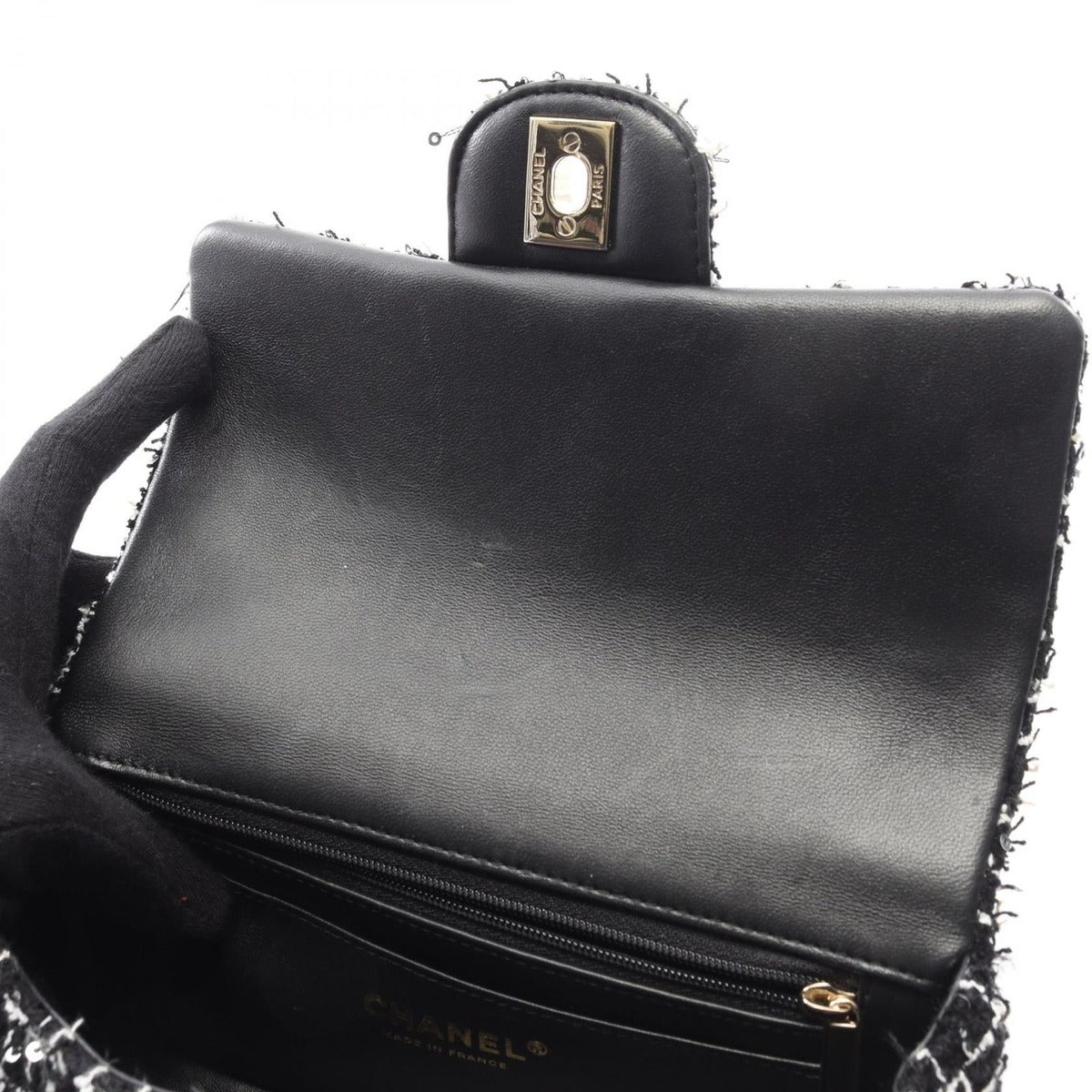 Chanel Shoulder Bag Quilted Top Handle Mini Flap Black White Fabric — view 6