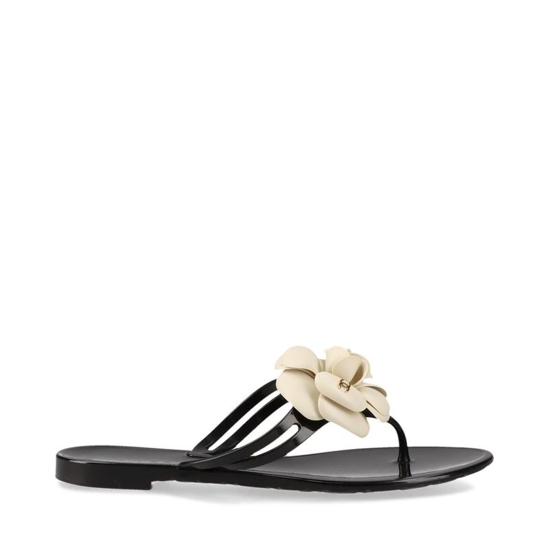 Chanel Coco Mark Camellia Rubber Sandals Women's 35 Black And White Made In
