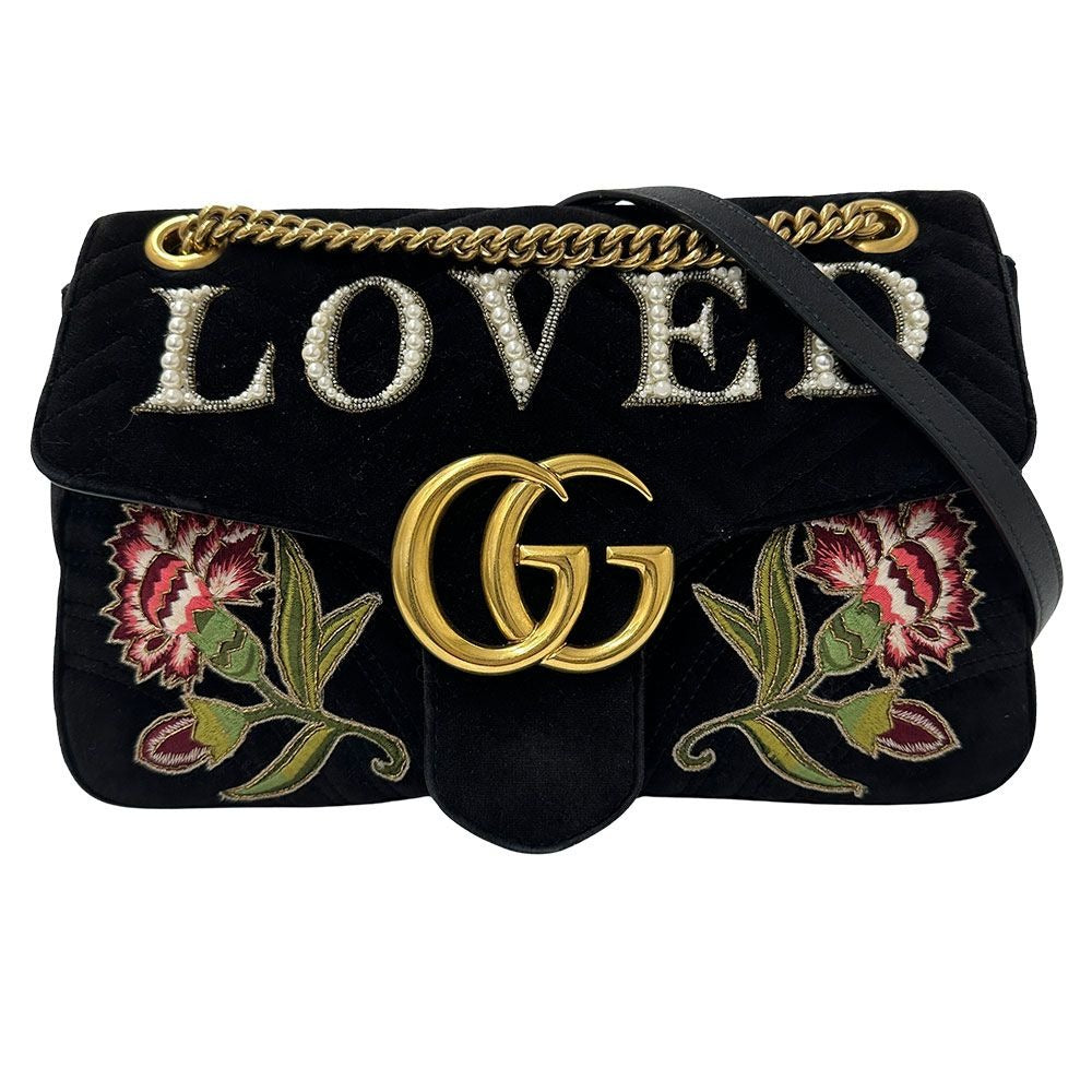 Gucci Shoulder Bag Leather Velour GG Marmont Black Chain