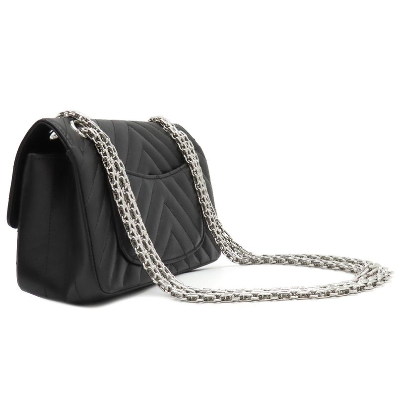 Chanel Shoulder Bag Chevron 2.55 20 Leather Black Silver Hardware Black W Chain