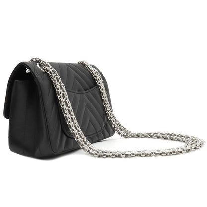 Chanel Shoulder Bag Chevron 2.55 20 Leather Black Silver Hardware Black W Chain
