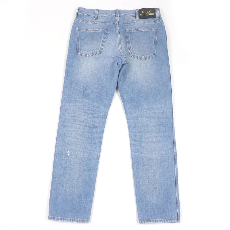 Gucci 408637 Leather Logo Patch Button Fly Denim Pants Jeans Indigo Blue 33