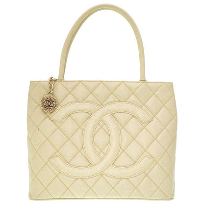 Chanel Medallion Tote Caviar Leather Ivory Grey Gold Hardware Bag 0088