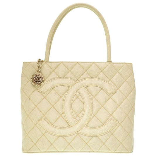 Chanel Medallion Tote Caviar Leather Ivory Grey Gold Hardware Bag 0088