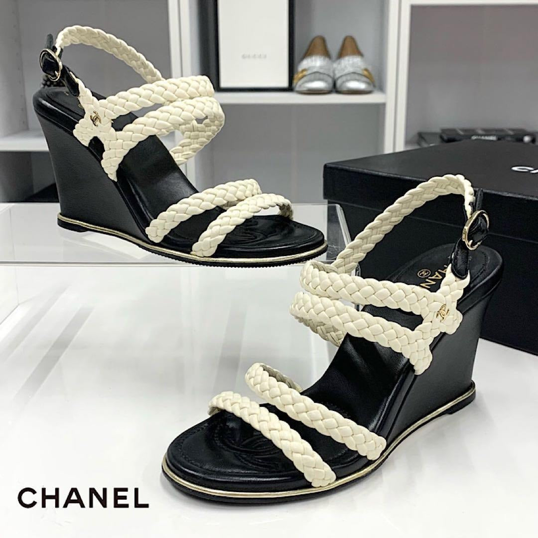 Chanel Lambskin Coco Mark Braided Wedge Sole Sandals White