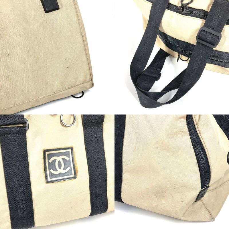 Chanel Boston Bag CC Coco Mark Logo Nylon Canvas Beige