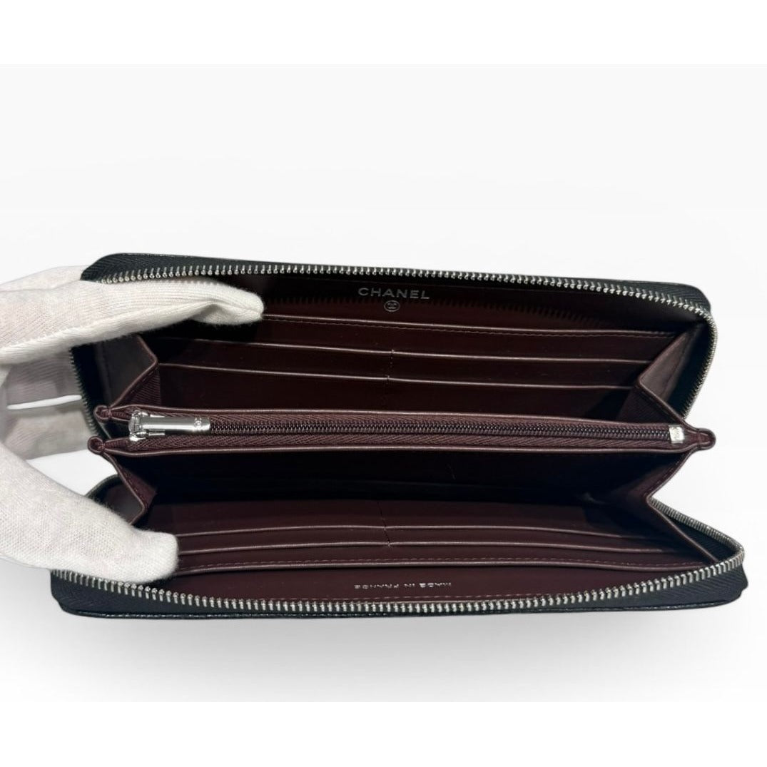 Chanel Quilted Classic Long Zip Wallet Caviar Black Silver — view 7