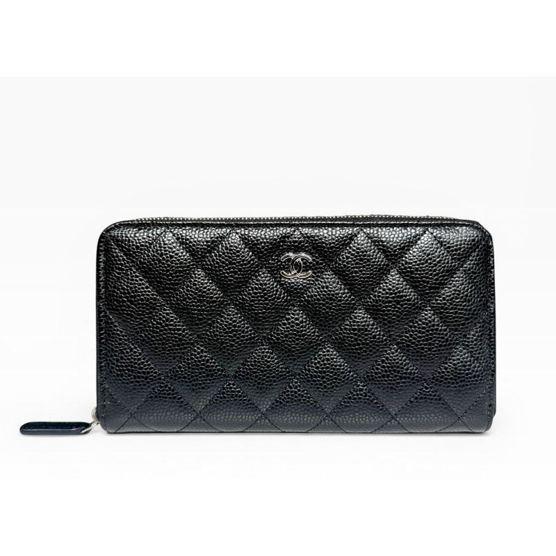 Chanel Quilted Classic Long Zip Wallet Caviar Black Silver