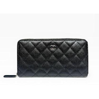 Chanel Quilted Classic Long Zip Wallet Caviar Black Silver