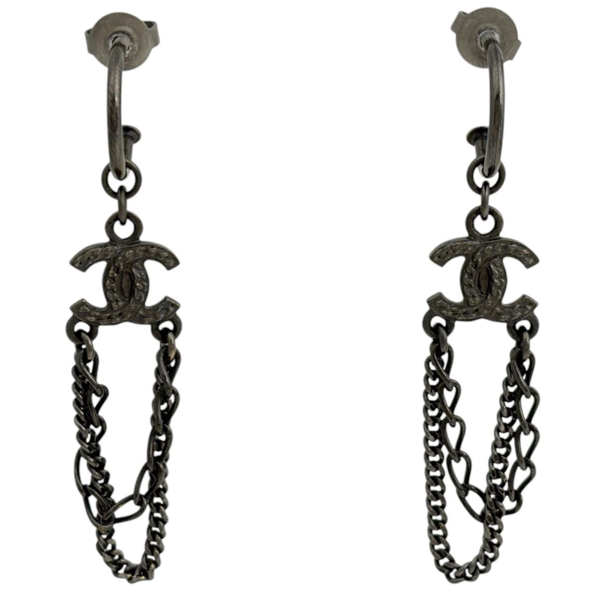 Chanel CC Logo Earrings Swing Metal Black Silver