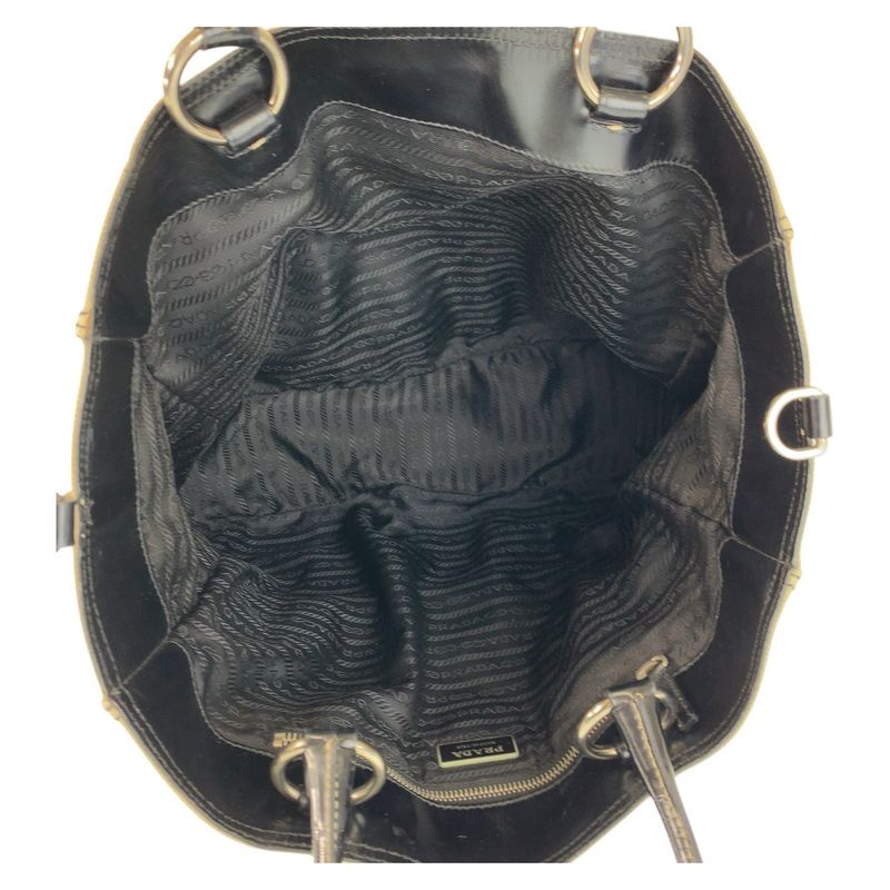 Prada Triangle Logo Plate Beige Black Silver Hardware Canvas/enamel Tote Bag