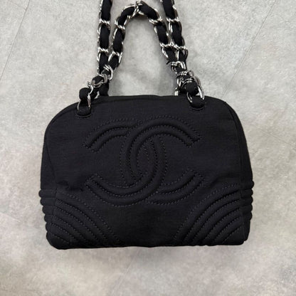 Chanel Chain Shoulder Bag Coco Mark Cotton Jersey Black Silver Hardware Deca