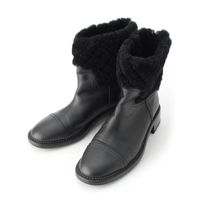 Chanel Leather CC Logo Shearling Quilted Back Zip Boots Shoes Black 39