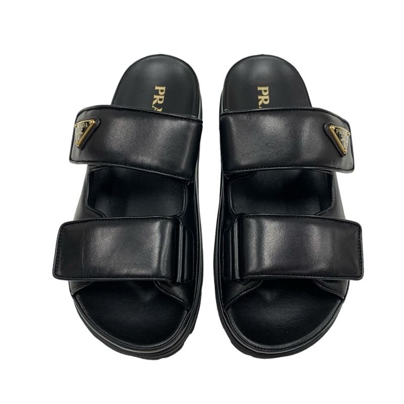 Prada Sandals Shoes Leather Black Unused Slide Sandals Triangle Logo